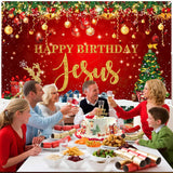 Happy Birthday Jesus Party Decorations Banner - Red Christmas Jesus Birthday Party Supplies For Indoor/Outdoor Decor
