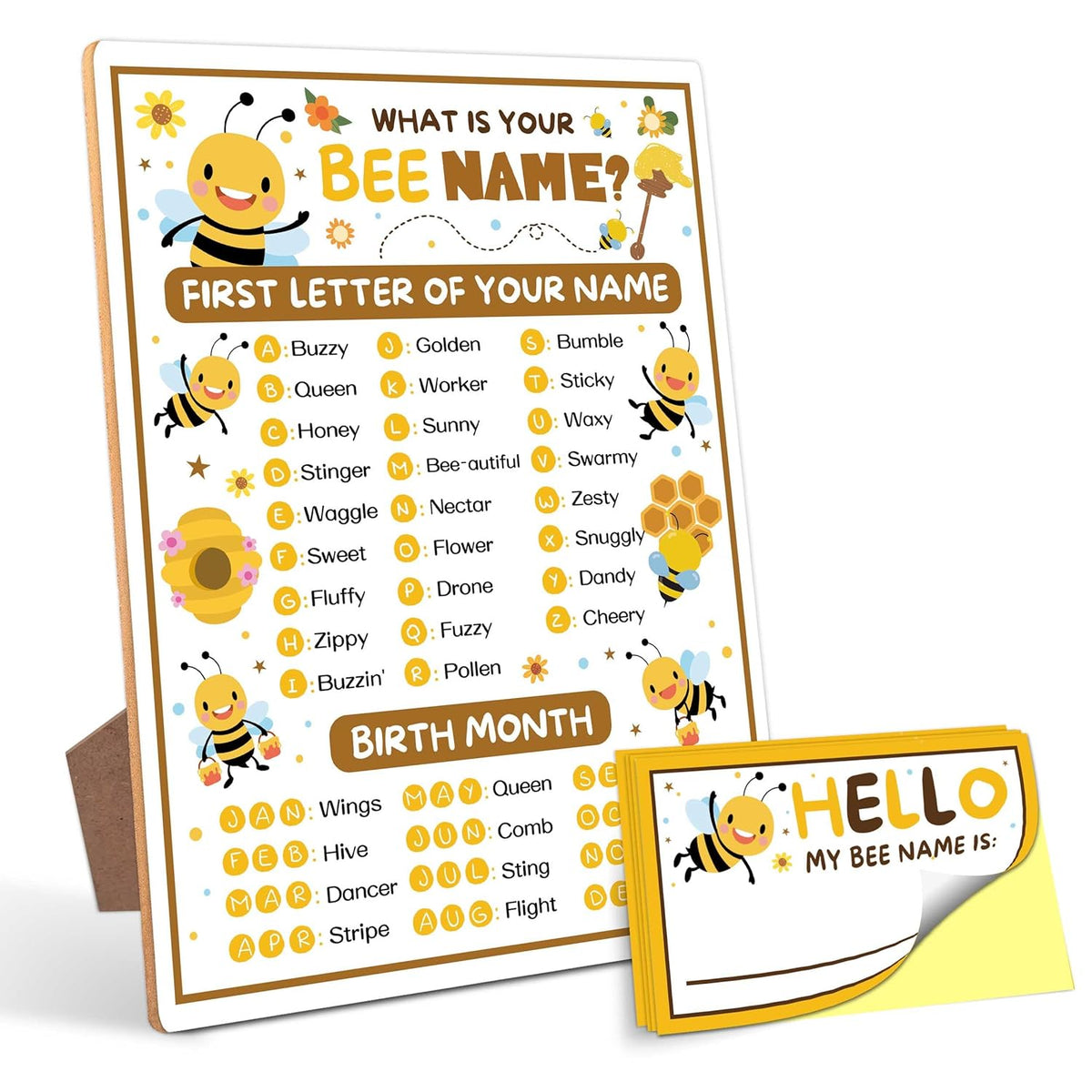 What Is Your Bee Name Game,30 Stickers, Bee Party Decor, Perfect For Birthday Party Activities 6×8 Wooden Play Sign With Stand