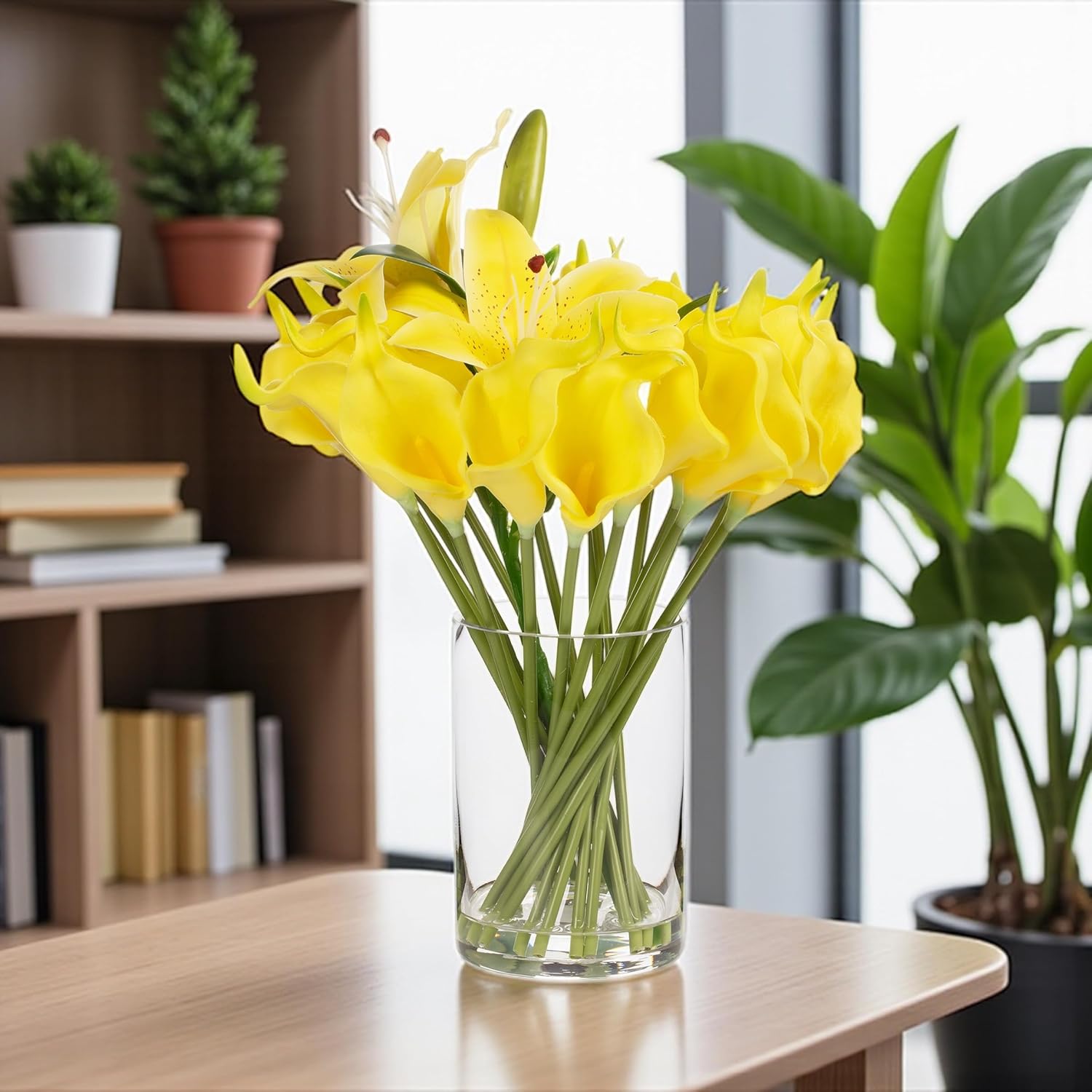 Real Touch Lilies Artificial Flowers With Vase, Faux Flowers Arrangement In Vase With Faux Water For Dining Table Decor, Wedding Centerpieces (Yellow)