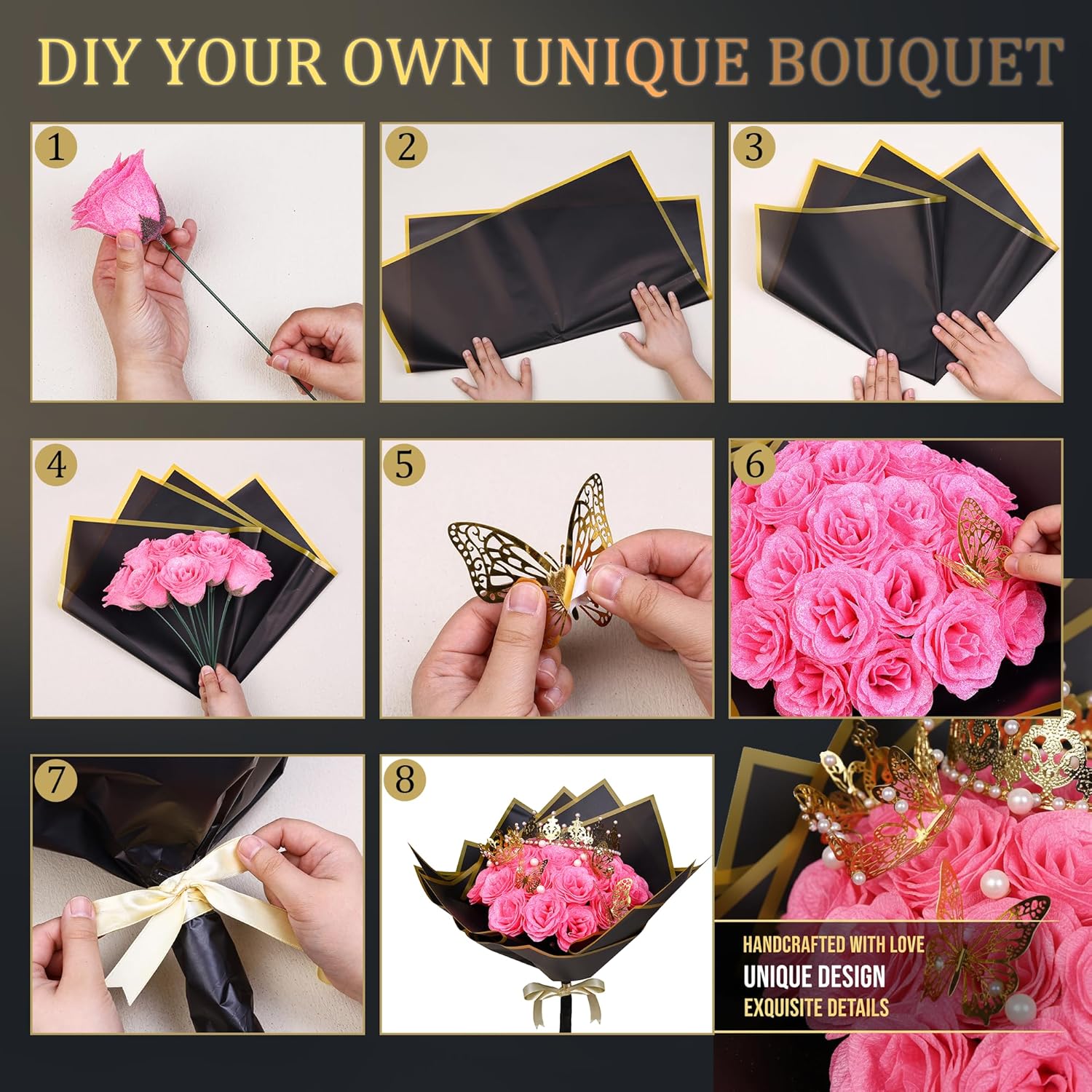 Glitter Roses Bouquet, 24 Pink Artificial Roses With 2 Crowns,Pearls,Card,Paper,Ribbon,3 Butterfly,Wedding Bouquet Of Flowers For Women,Valentine'S Day Diy Present Set