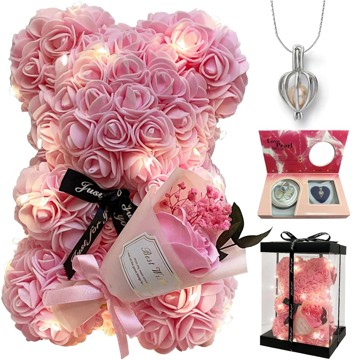 Romantic Valentine'S Day Gift For Her Artificial Flower Rose Teddy Bear With Preserved Flowers Bouquet And Blind Box Pearl Necklace Birthday Gift For Wife Girlfriend Mom Women Mothers Day Home Decor