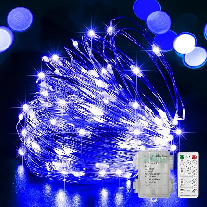 100 LED Blue Fairy Lights Battery Operated 32.5FT Copper Wire String Lights with Remote Timer Starry Twinkle Lights for Indoor Outdoor Decor
