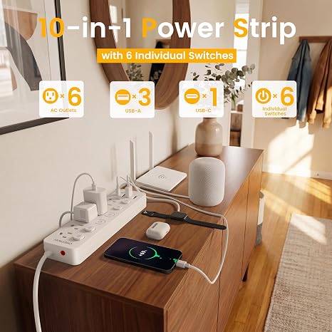 Cruise Approved Power Strip 6 Outlets 4 USB Ports USB C 6FT Extension Cord White