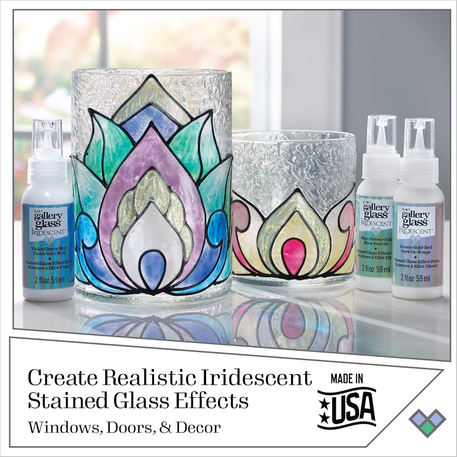 Gallery Glass Iridescent Stained Glass Paint, Violet/Green/Blue 2 fl oz Brilliant Iridescent Finish Paint, Perfect For Easy To Apply DIY Arts And Crafts, 19670