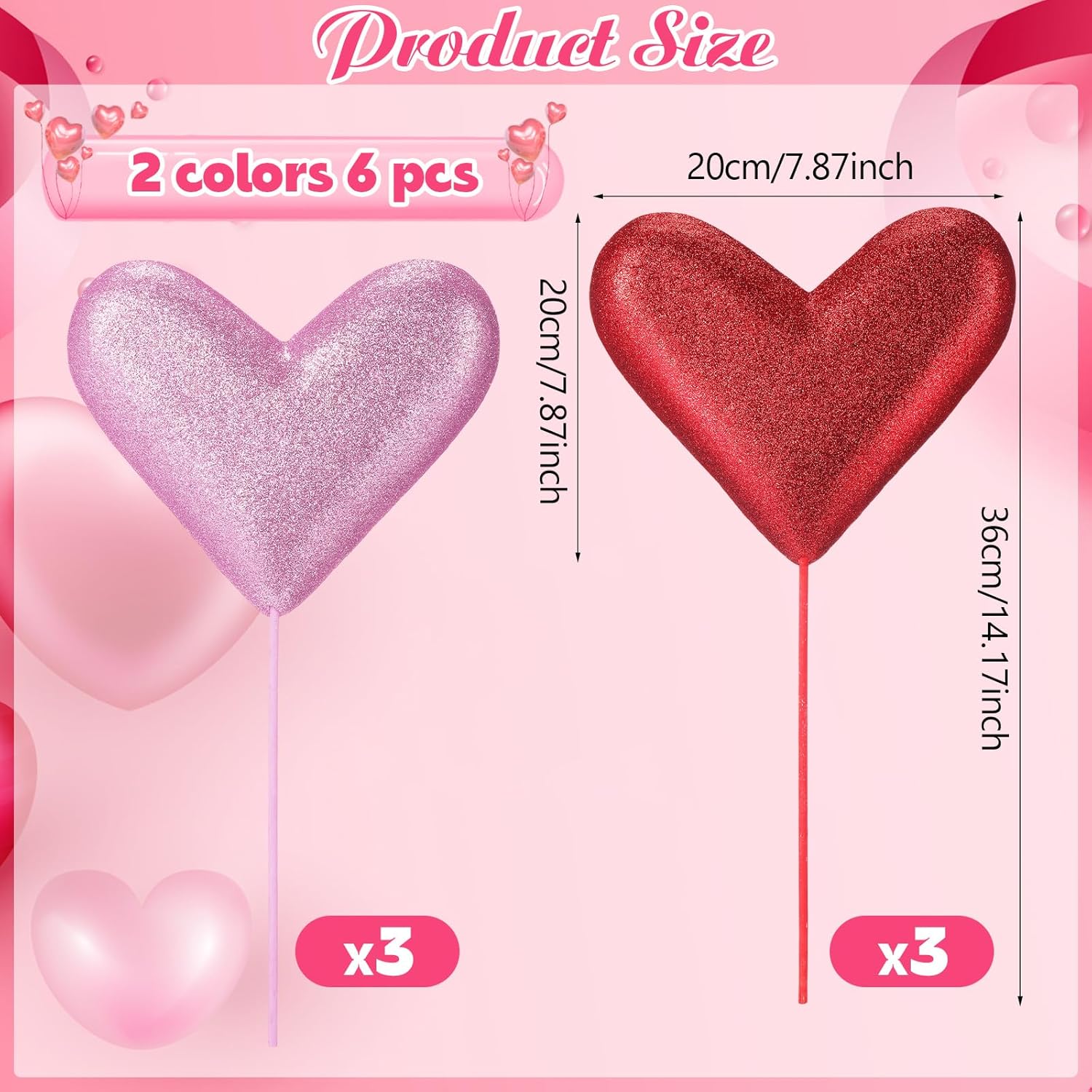 6 Pcs 14'' Large Glitter Valentines Red Heart Decorations Giant Valentine Heart Ornaments Oversized Tree Picks For Tree Topper Home Wedding Holiday Party Decor Vase Fillers(Red,Pink,Classic)
