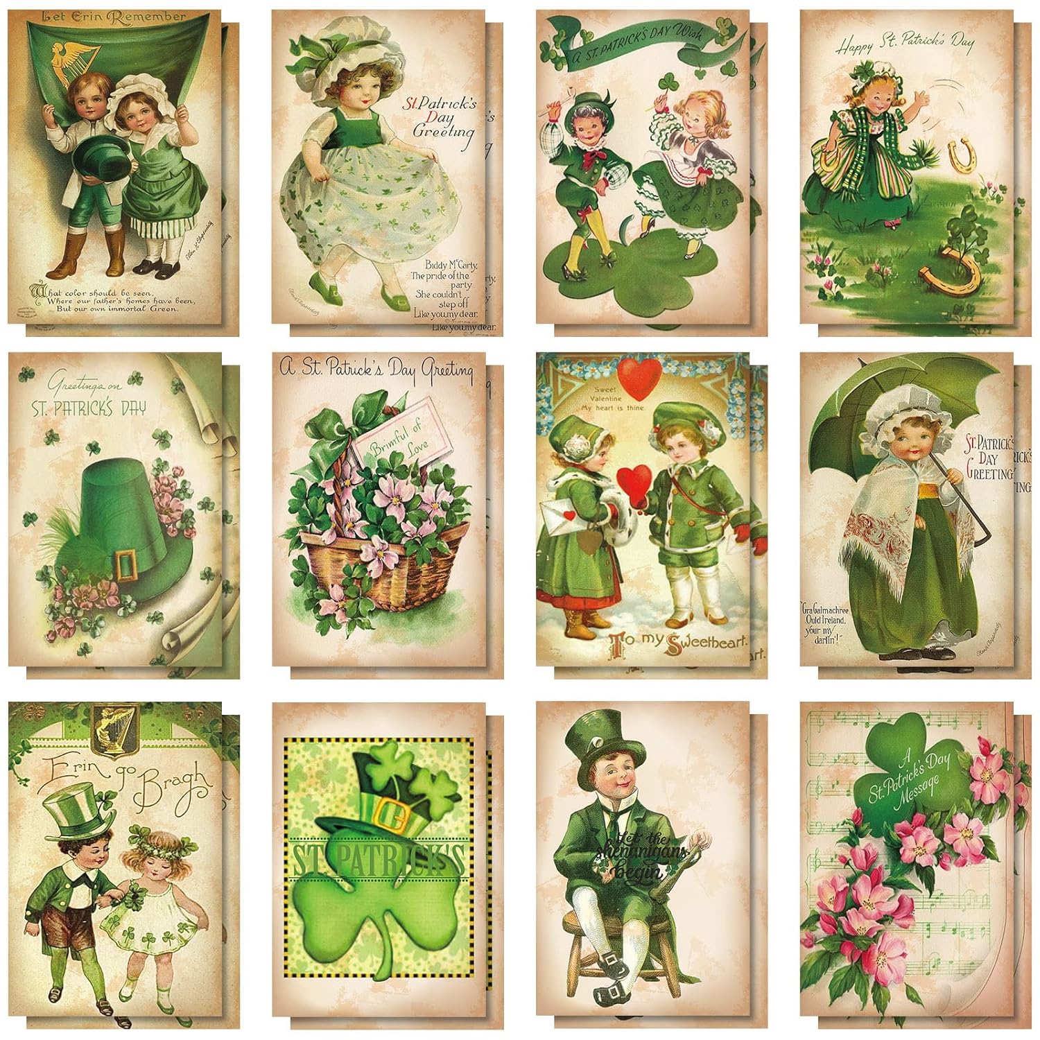 24 Set St Patrick'S Day Cards With Envelopes Vintage Green St Patrick'S Day Shamrock Greeting Cards Retro Clover Irish Cards For Party Classroom Home Office Business (Cute Style)