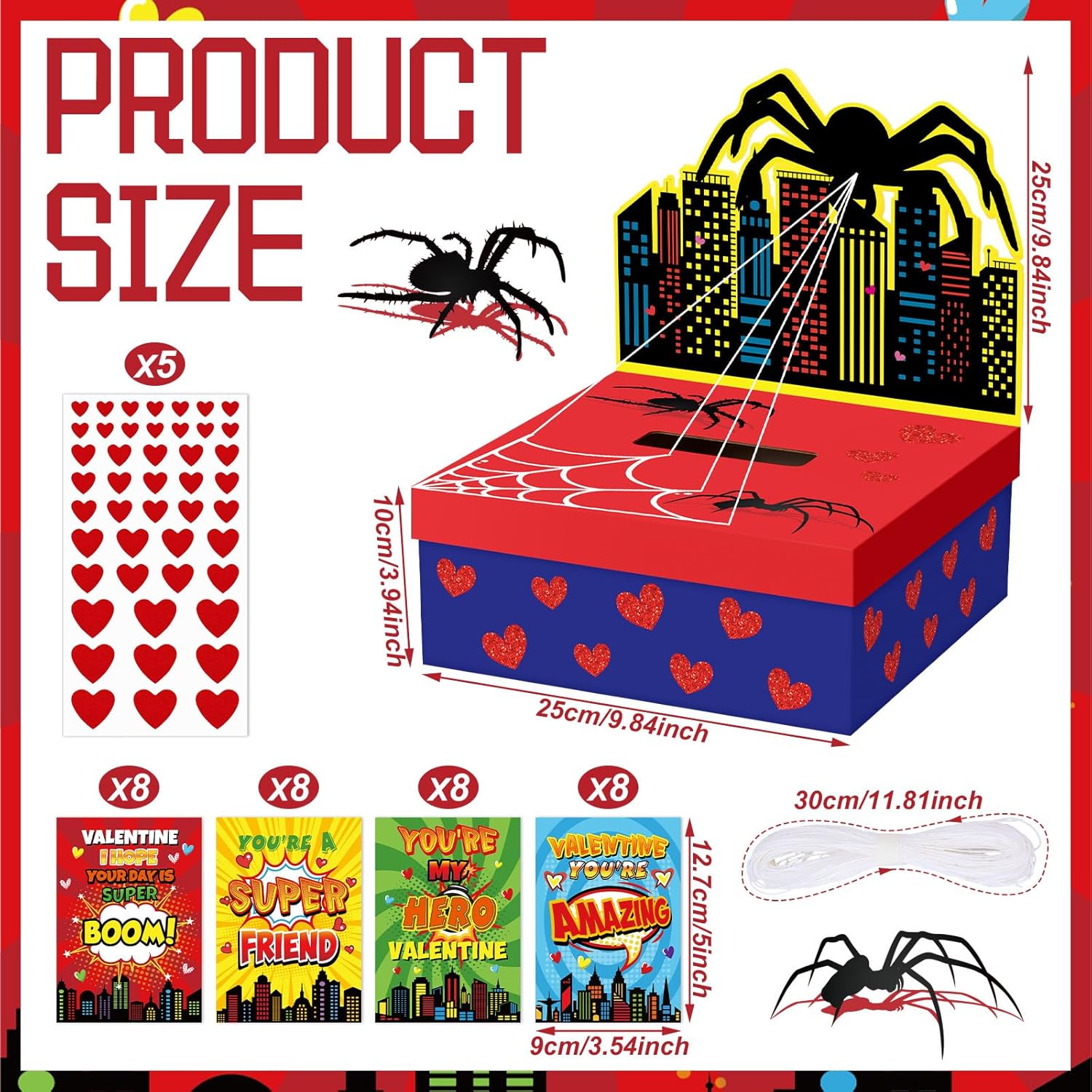 Valentines Day Mailbox Diy Spider Boxes With 32 Greeting Cards Valentine'S Day Table Box Gift For Party Favor Sets For School Classroom Gifts Exchange