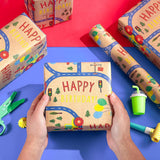 30" X 32.8' Dinosaur Birthday Wrapping Paper Large Kraft Paper Roll, Jumbo Roll, Coloful Dinosaur, Construction Vehicle And Happy Birthday Text Kraft Gift Wrap For Kids Boys Party, 82 Sq. Ft