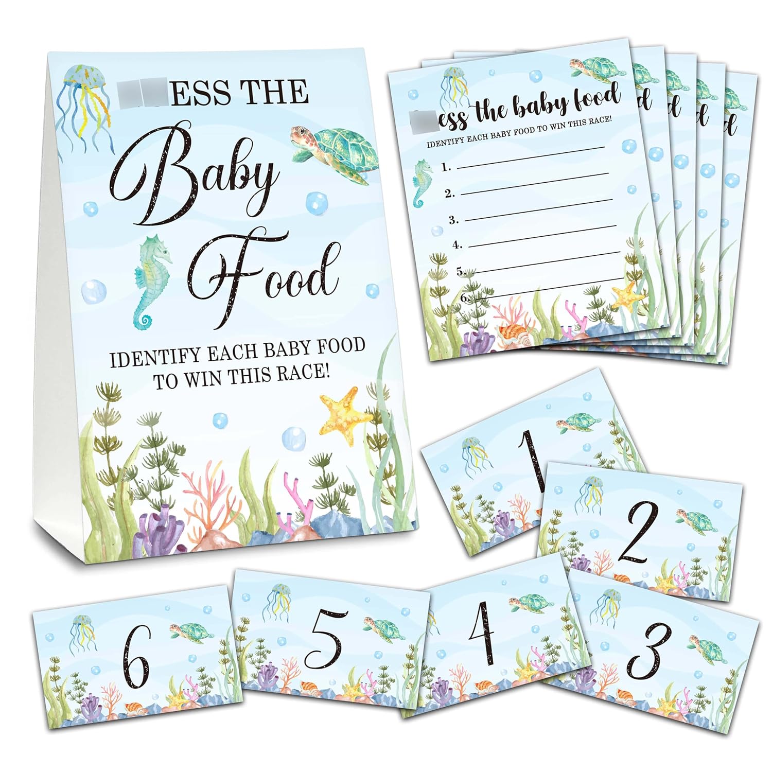 Find The Baby Food Party Games, Under The Sea Baby Shower Game Set (1 Standing Sign + 20 Answer Cards + 6 Number Cards), Ocean And Sea Name The Food Game, Party Favors Decorations(05)