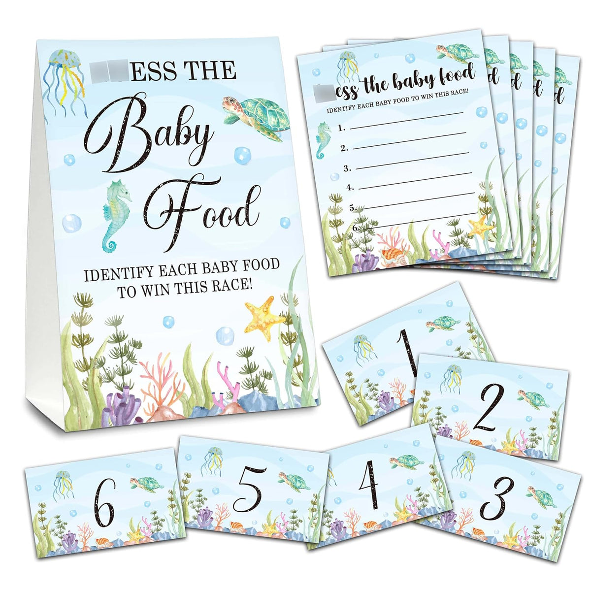 Find The Baby Food Party Games, Under The Sea Baby Shower Game Set (1 Standing Sign + 20 Answer Cards + 6 Number Cards), Ocean And Sea Name The Food Game, Party Favors Decorations(05)