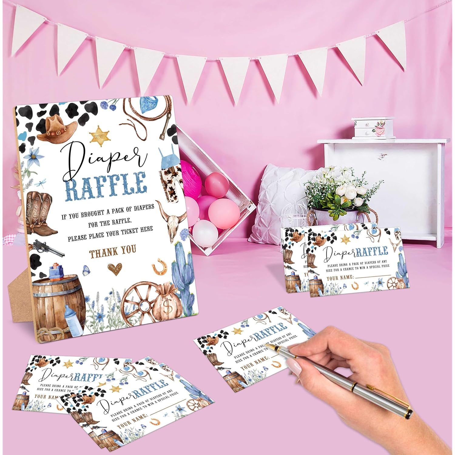 Cowboy Baby Shower Diaper Raffle, Pack Of 1 Wooden Tabletop Sign With Stand And 50 Diaper Raffle Tickets, Wild West Rodeo Baby Shower Game, Gender Reveal Party Decorations - Eh11