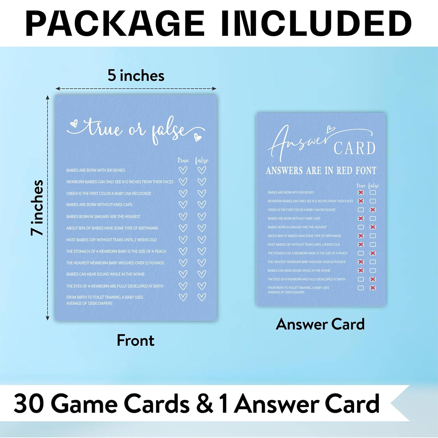 Baby Shower Games, True Or False, Double-Sided Filling Blue Minimalism Game Cards, Funny Baby Shower Games, Baby Shower Party Supplies & Decorations, 30 Game Cards & 1 Answer Card -B07