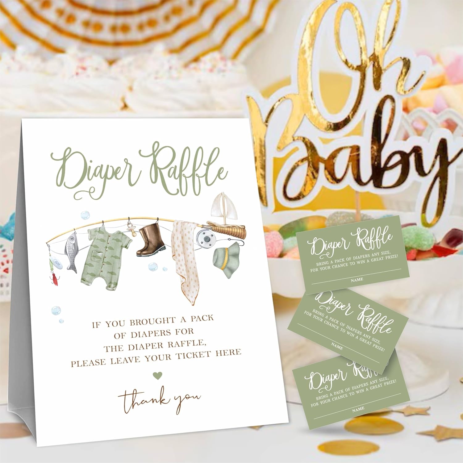 Fisherman Diaper Raffle Game Kit - Fishing Rod & Sign, 50 Tickets, Decorations For Baby Shower, Gender Reveal & Neutral, Party Favor & Supplies - A09