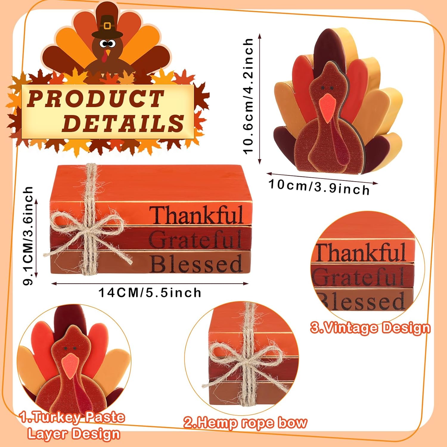 4 Pcs Thanksgiving Turkey Decor Wooden Turkey Tiered Tray Decor Thanksgiving Book Stack Bundle Farmhouse Turkey Sign Rustic Fall Decor For Home Thanksgiving Table Centerpiece Shelf(Cute)