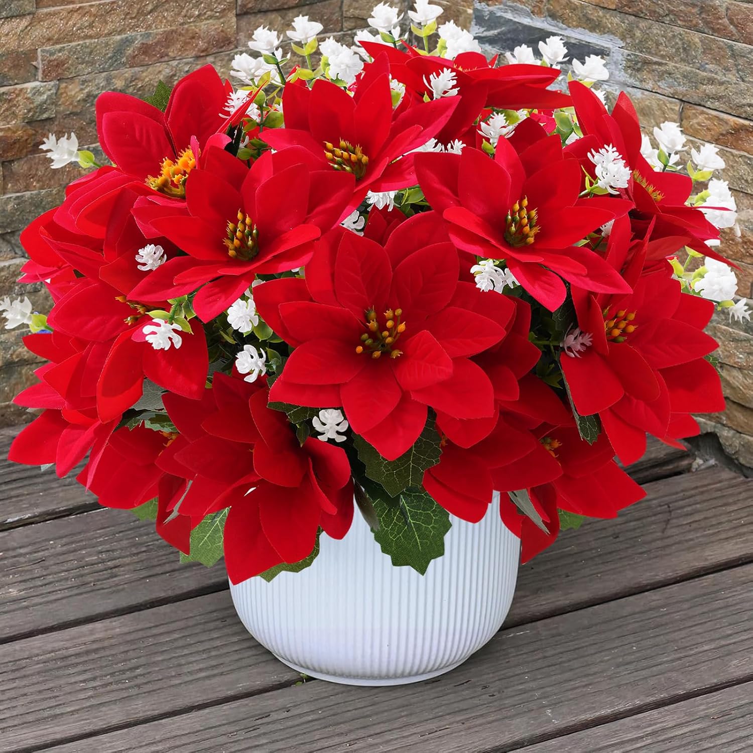 12 Bunches Poinsettias Artificial Christmas Flowers For Outdoors,14'' Fake Red Poinsettias Faux Eucalyptus Plants Uv Resistant For Home Planters Garden Porch Christmas Winter Spring Décor