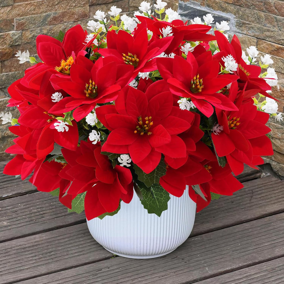 12 Bunches Poinsettias Artificial Christmas Flowers For Outdoors,14'' Fake Red Poinsettias Faux Eucalyptus Plants Uv Resistant For Home Planters Garden Porch Christmas Winter Spring Décor