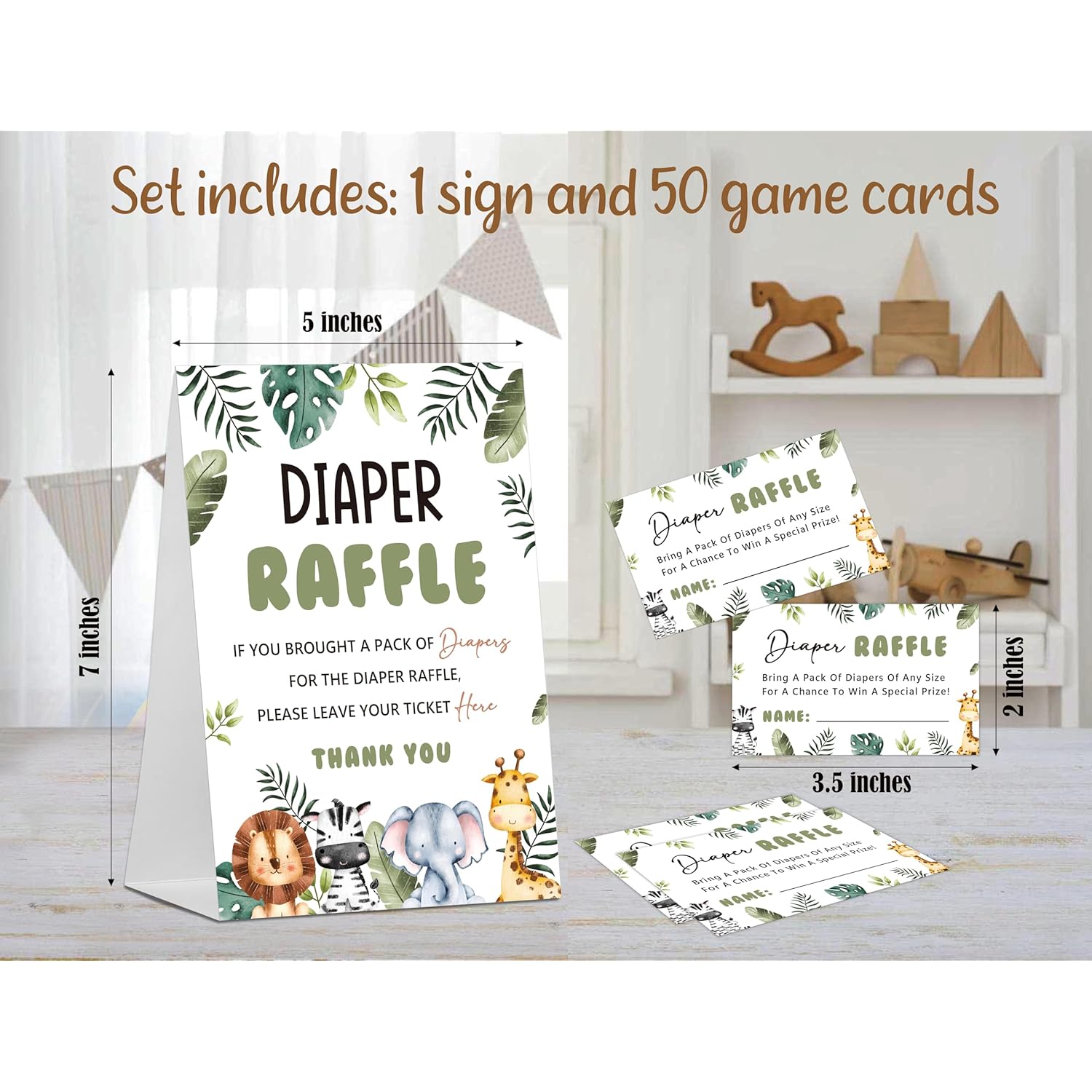 Baby Shower Games Diaper Raffle, 1 Sign & 50 Cards, Safari Jungle Wild Animal Diaper Raffle Tickets For Baby Shower, Gender Neutral Decoration Gender Reveal Party Games Supplies-Lt47