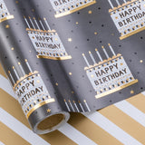 Reversible Birthday Wrapping Paper Roll For Boys Men, Happy Birthday Lettering, Birthday Cake With Metallic Foil & White Gold Stripes For Birthday, Mini Roll, 17 Inches X 32.8 Feet