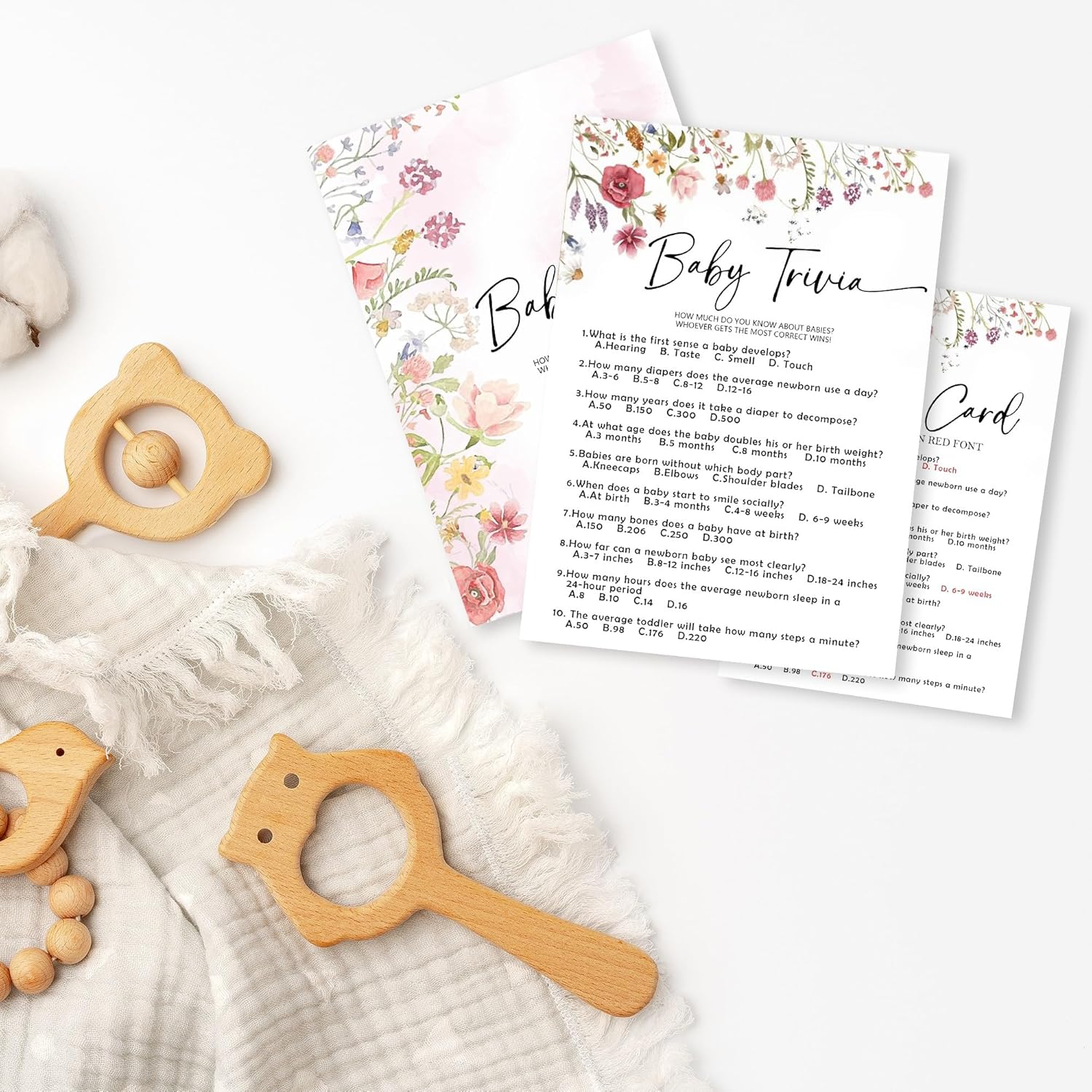 Floral Fill In Baby Shower Game Cards - Baby Trivia Game For Boys & Girls - Watercolor Flowers Baby Announcement Gender Reveal Baby Shower Party Activities For New Parents To Be - B11