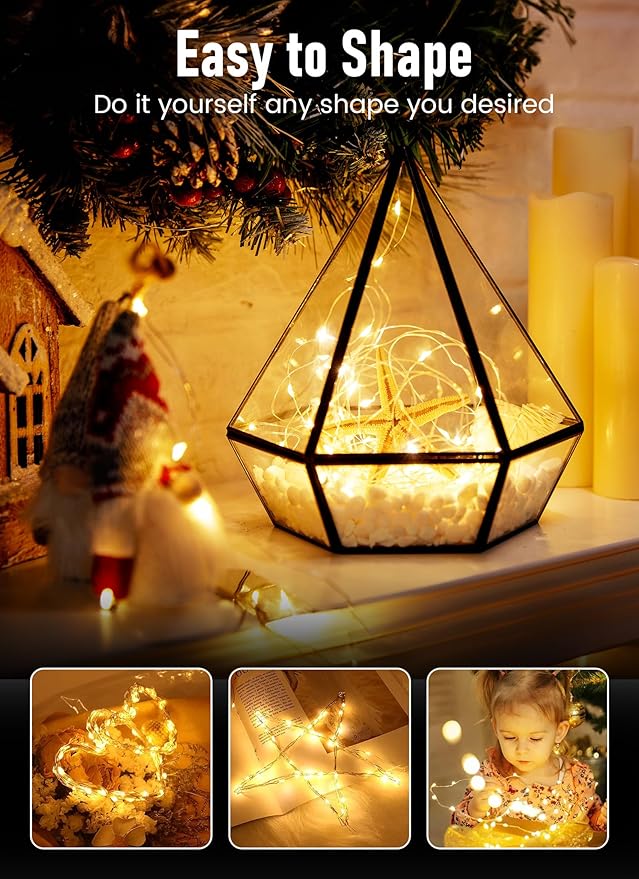 2 Pack 33FT 100 LED Fairy Lights Battery Operated Warm White Waterproof Copper Wire String Lights for Mason Jars Wedding Christmas Party Home Decor