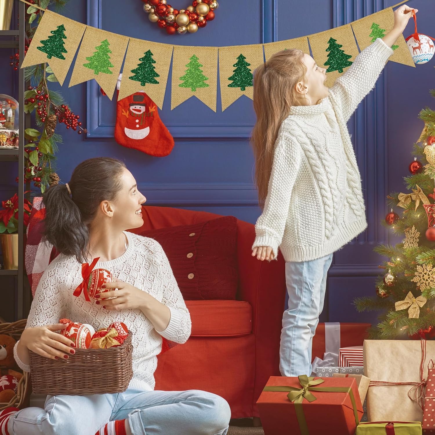 Christmas Burlap Banner Glitter Green Xmas Tree Pre-Assembled Bunting Garland For Christmas Winter Holiday Party Hanging Decorations