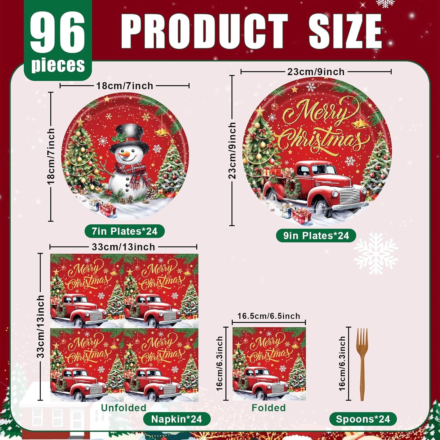 96 Pieces Merry Christmas Tableware Set – Red Truck And Snowman Themed Disposable Party Supplies With Paper Plates, Napkins, And Forks For Holiday Dinners, Christmas Parties, And Winter Events – Serve