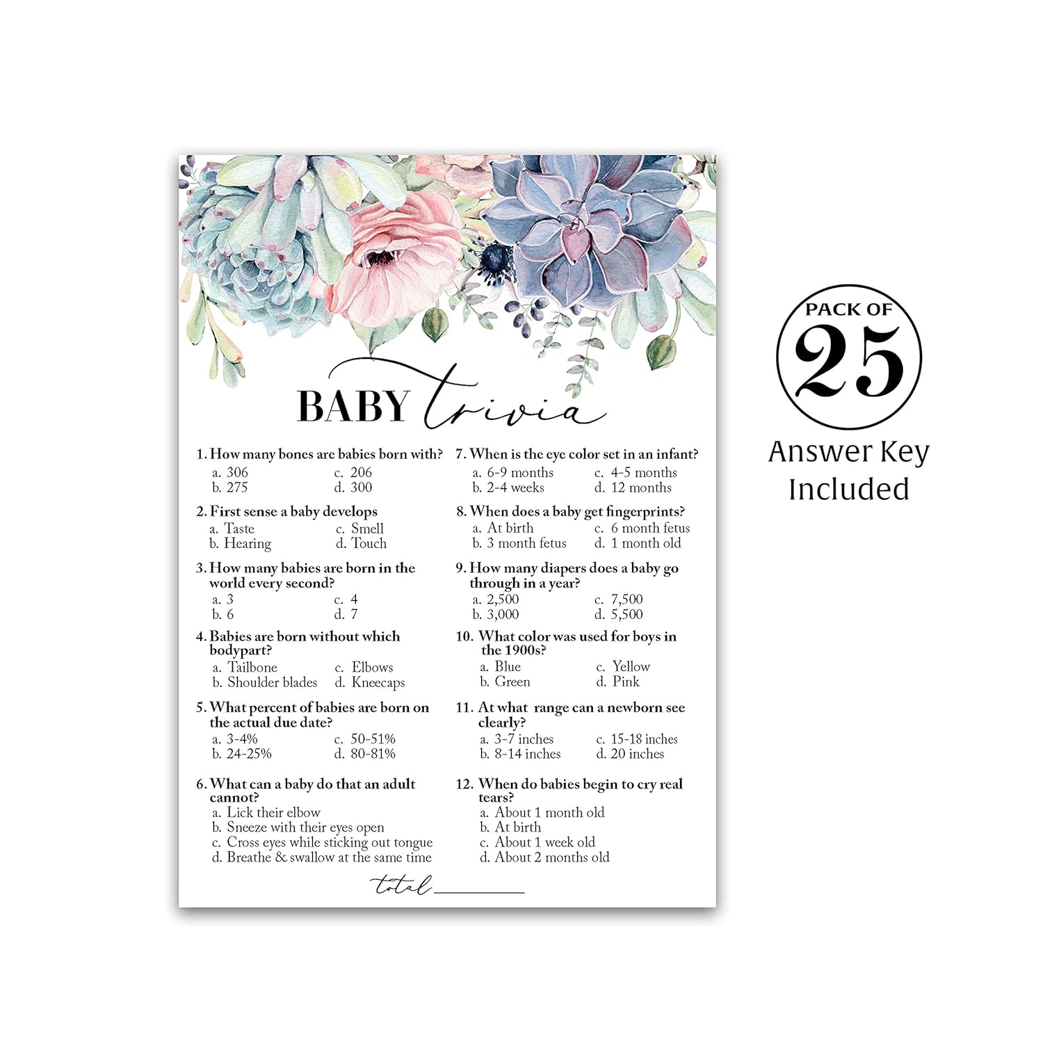 Succulents Baby Shower Game — Baby Trivia Game — 25 Guests — Fun Baby Facts Games Floral Green Succulent Trivia Baby Shower Activity Greenery Rustic Gender Neutral Couples Shower G301-Trv