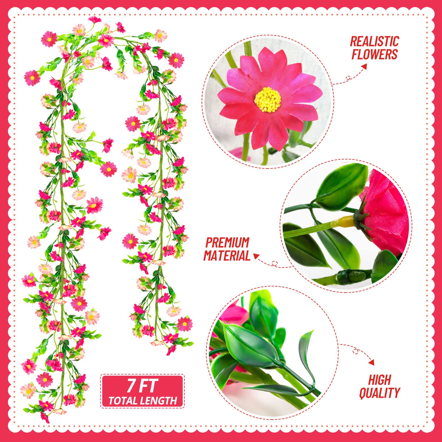 2 Pack Spring Flower Garland, 13.6 Ft Silky Artificial Pink Garland With Pink Daisy And Vine, Floral Garlands Decoration For Room Wall, Flower Themed Party, Wedding Supplies