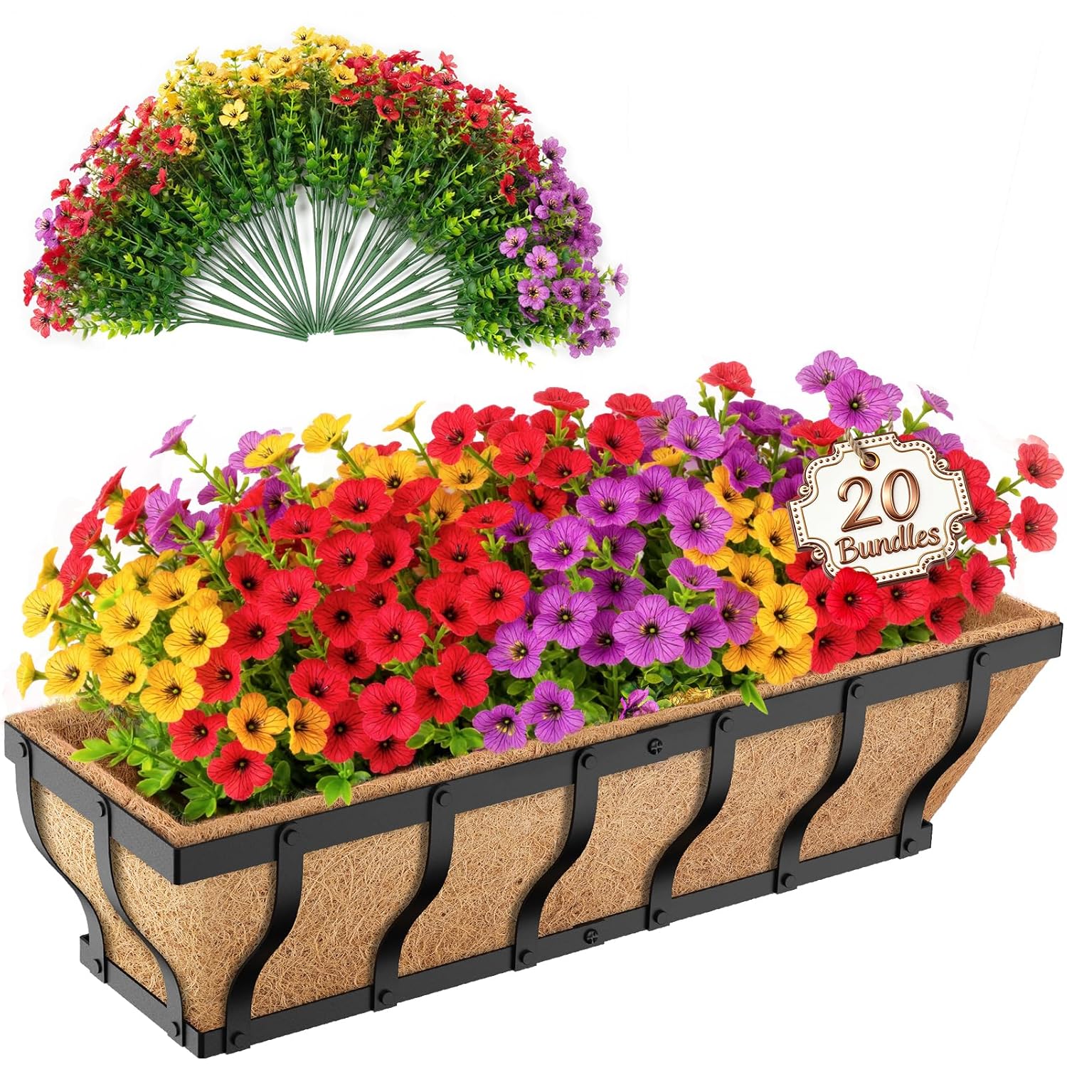 Railing Planter Boxes With Artificial Flowers, Adjustable Balcony Planters For Railing Hanging, Uv Sun Resistant Colorful Daisy For Porch Patio Balcony Home (1 Pack, 24 Inch)