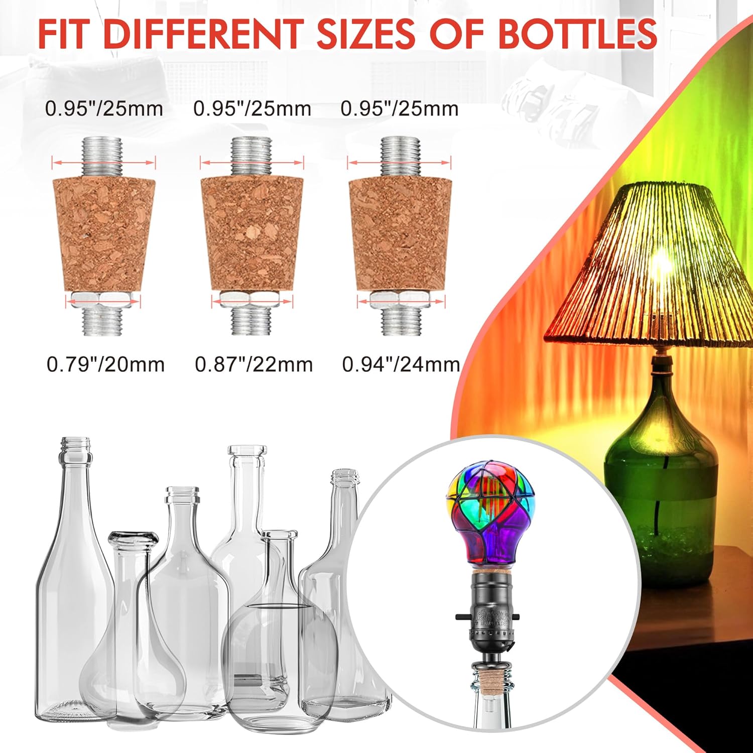 2 Set Diy Wine Bottle Lamp Kit With E26 Led Light Bulbs For Liquor Bottle, With Glass Drill Bit And Lid Black Cord Lamp Socket, 3 Size Tapper Cork (W/ 2 Stained Glass Light Bulbs)