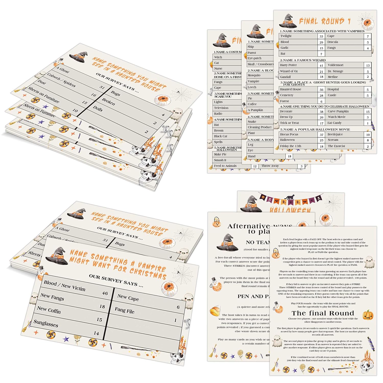 Halloween Friendly Feud Game, Family Feud Quiz, Trivia Quiz Baby Shower Game For Family Activity (12 Question Cards & 3 Final Round Cards) Halloween Party Games Decorations Supplies-Sg1