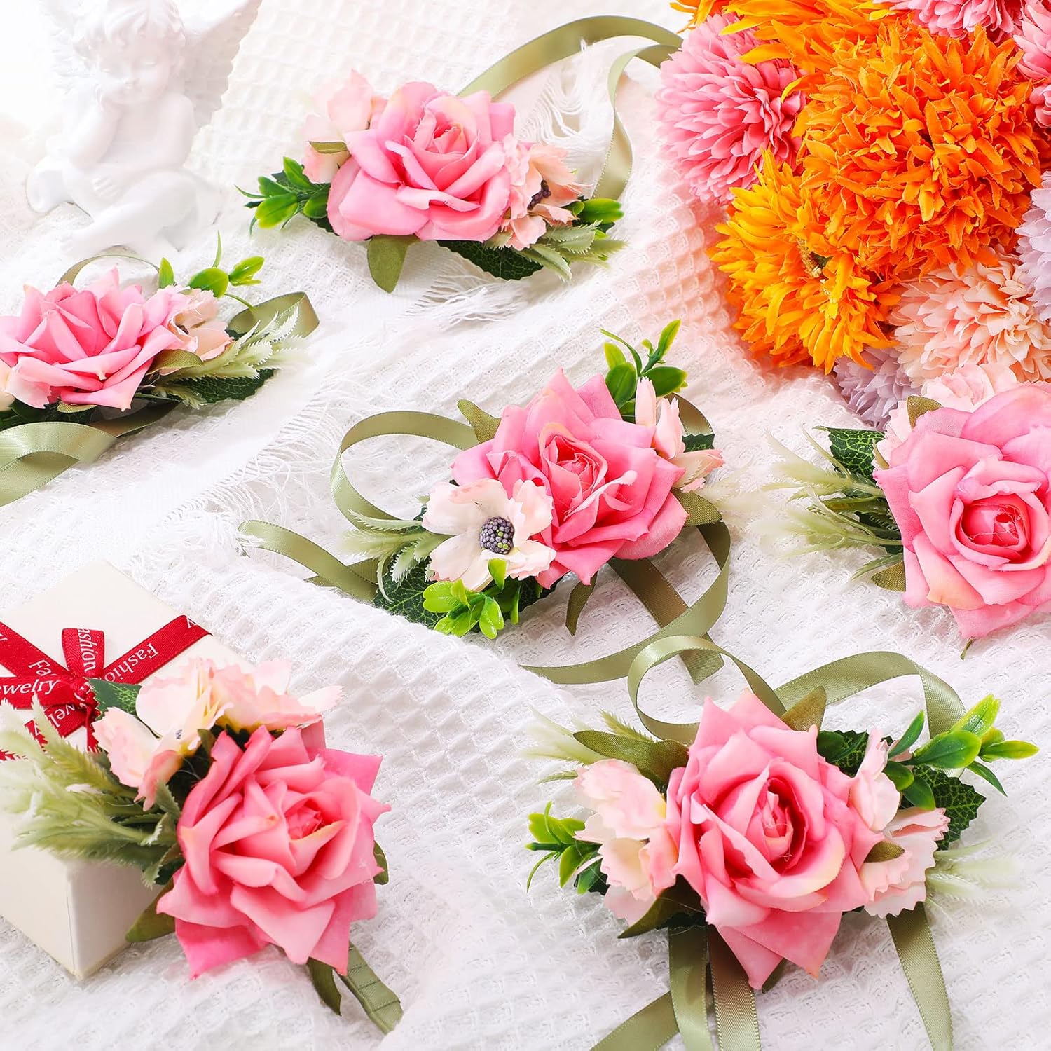 24 Pcs Pink Rose Flower Wrist Corsage And Boutonniere Set Artificial Corsage Flower Bride For Wedding Formal Dinner Party Prom Decorations Accessories