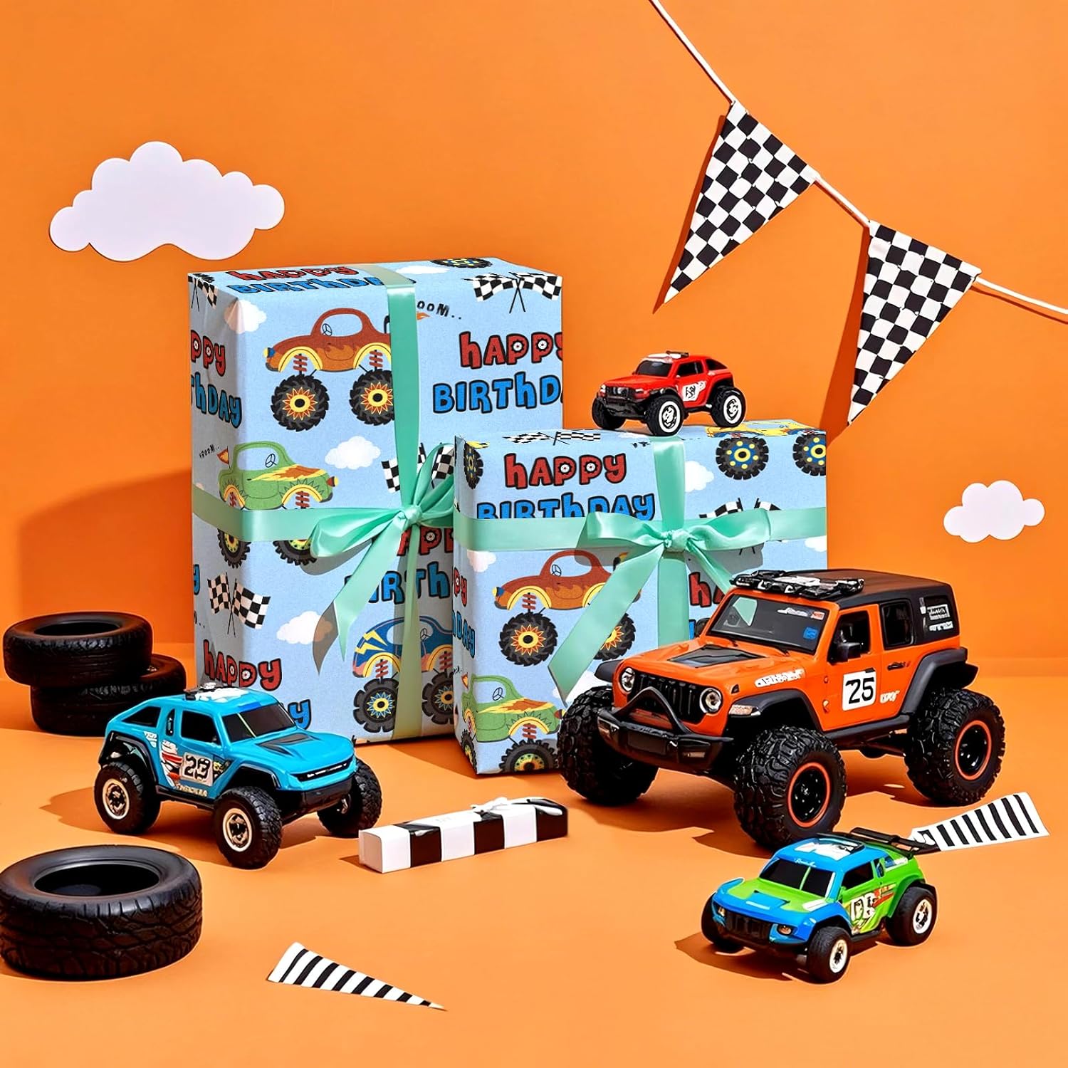 Truck Wrapping Paper - Mini Roll - 17 Inch X 9.8 Feet - Light Blue Happy Birthday Wrapping Paper For Kids Boys, Baby Shower, Car Lover