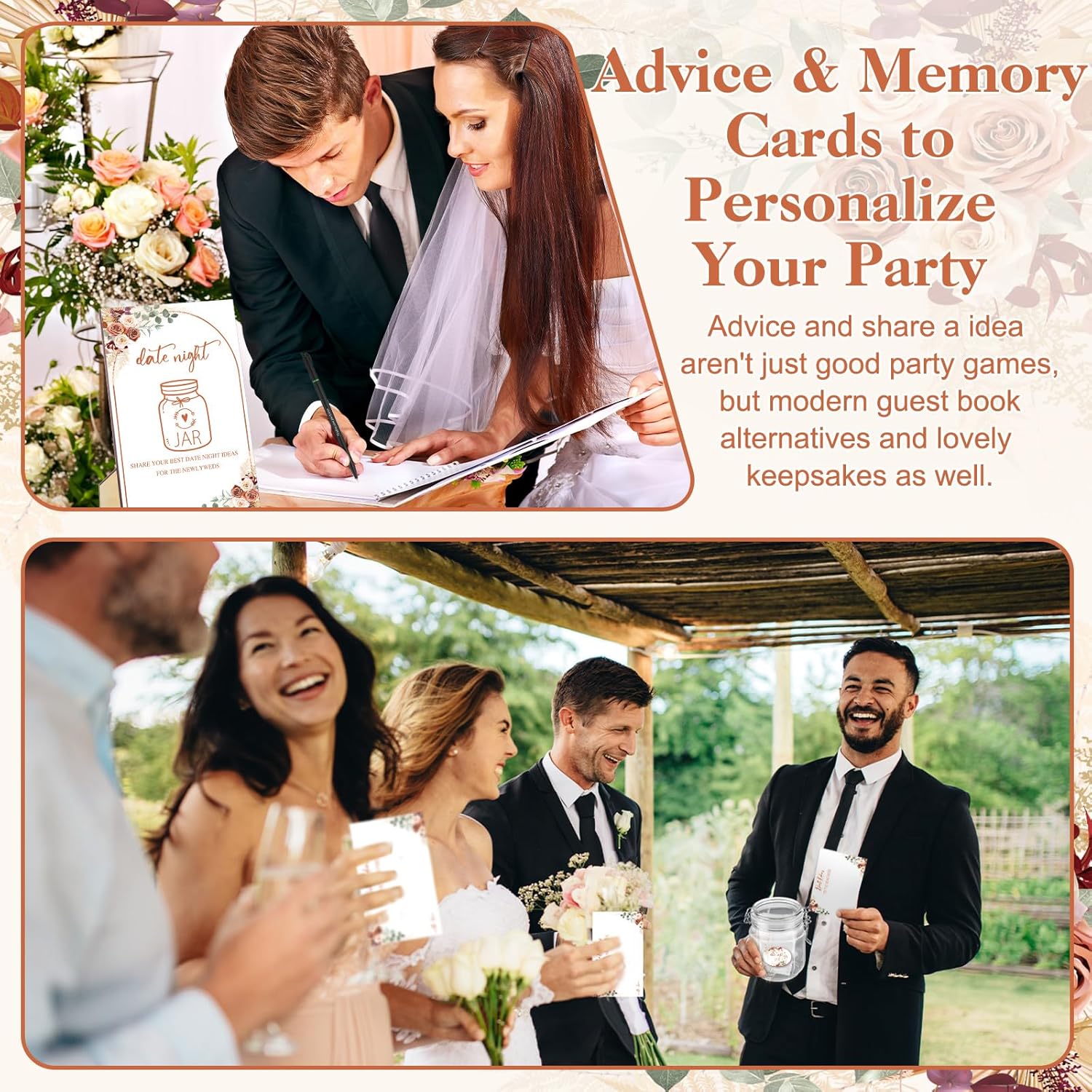 76 Pcs Bridal Shower Decor Including Date Night Game For The Newlyweds Wedding Date Night Game Sign With Holder 60 Cards 12 Pens 2 Stickers Wedding Wish Jar For Guest Party (Boho Style)