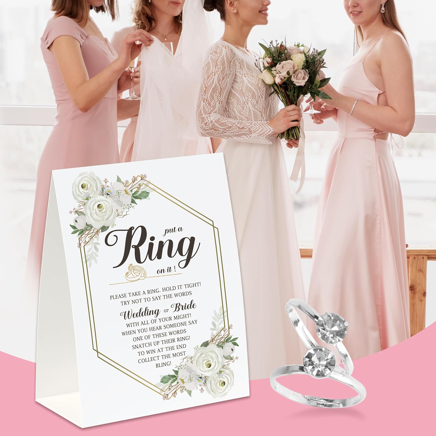 Put A Ring On It Game(50 Rings With One Sign), Don'T Say Wedding Or Bride Game,Fun Bridal Shower Game, Bridal Shower Decorations Geometric Frame Cream Roses-Jzds03