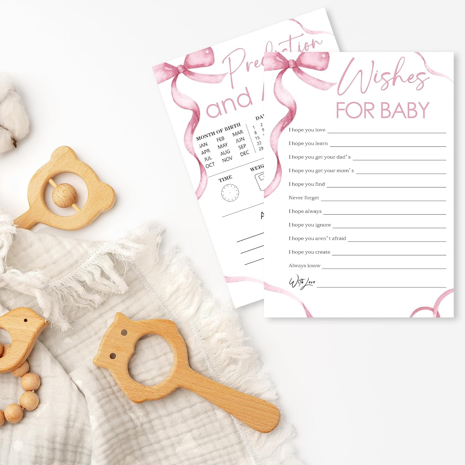 Minimalism Pink Baby Shower Game Cards-Wishes For Baby & Predictions & Advice Theme Games Activity For Boys & Girls-30 Ribbon Bow Game Cards(5”X7”)-Baby Shower Party Decorations & Supplies-D01