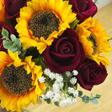 24Pcs Fake Rustic Combination Flowers Artificial Fall Decor Long Single Stem Flower Include Sunflowers Babys Breath Burgundy Roses And Green Eucalyptus Stems For Wedding Home Party Decor
