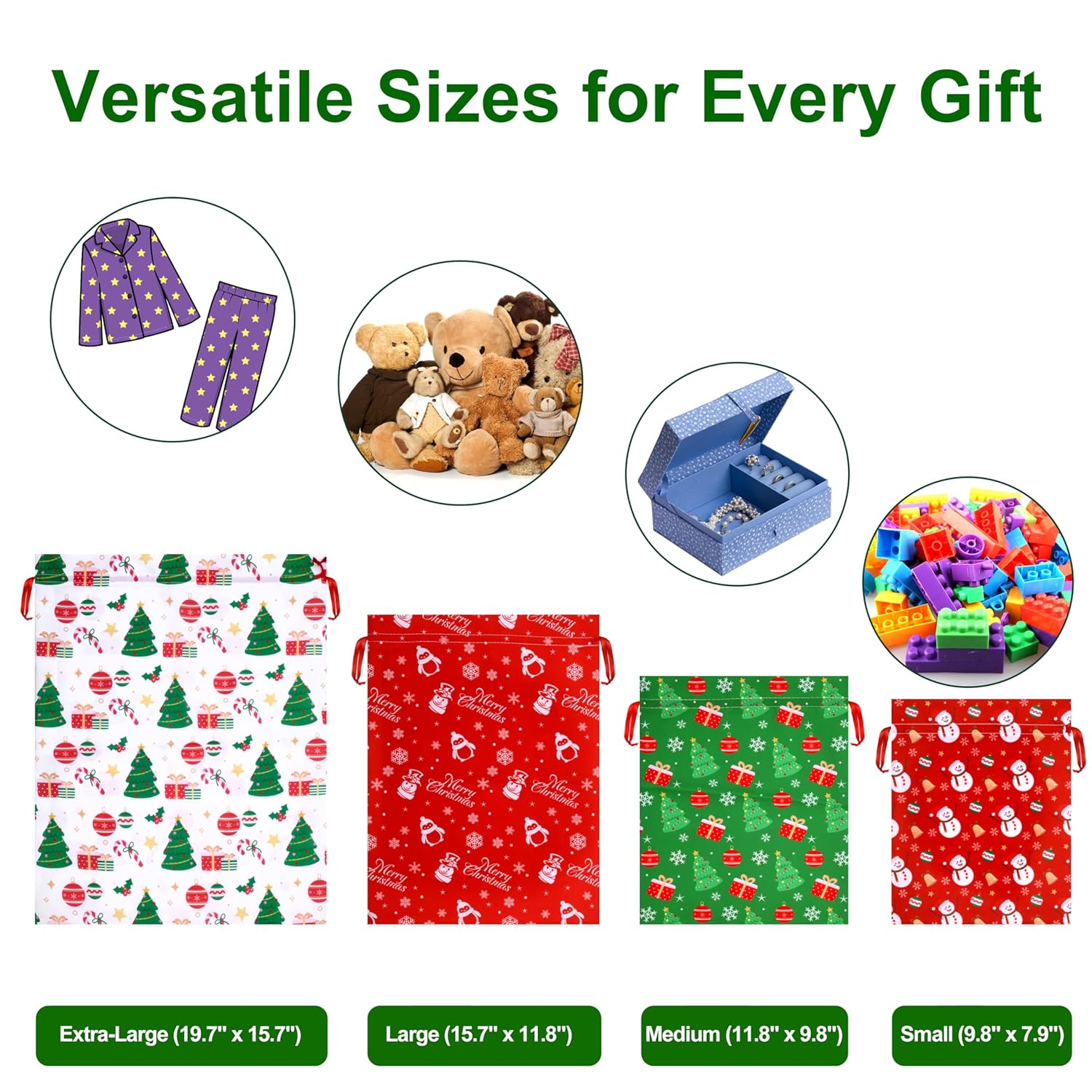 Christmas Drawstring Gift Bags, Assorted Reusable Fabric Gift Wrapping Bags For Gifts Xmas Party Holiday Favors(12 Pcs, 4 Sizes)