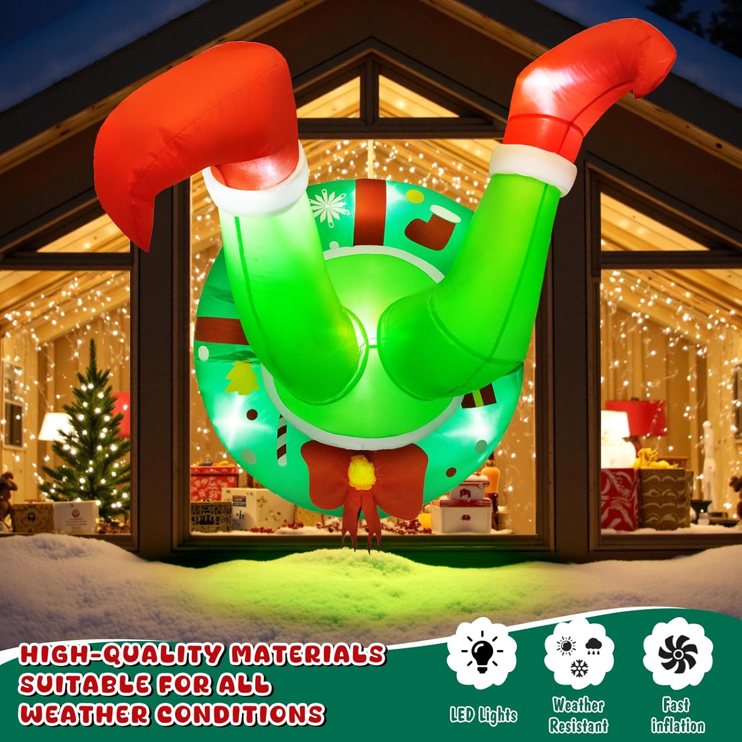 Christmas Inflatable Green Monster Stuck In Window With Led Lights, Funny Green Character Legs Christmas Decoration, Hol