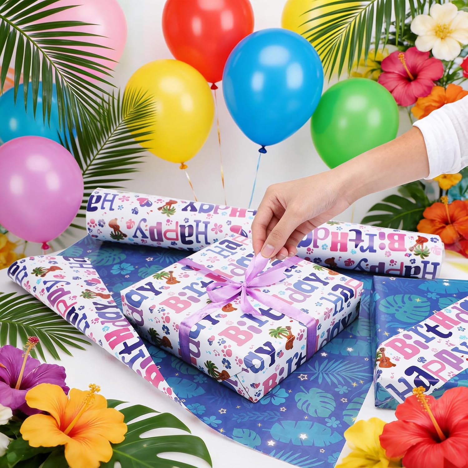 Reversible Hawaiian Happy Birthday Wrapping Paper - 8 Sheets | Tropical Plant & Floral Pattern Gift Wrap Paper For Kids’ Birthdays, Baby Showers, Holiday & Aloha-Themed Greetings 19.7" X 27.6"