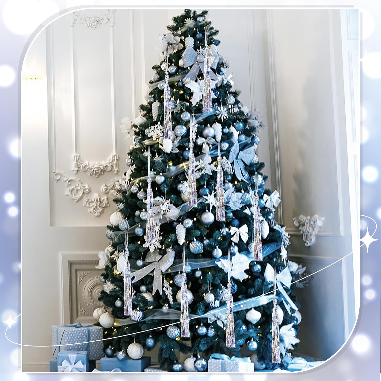 12 Pcs Christmas Tree Tinsel Tassel Ornament Metallic Icicles Tinsel Christmas Decorations Foil Fringe For Xmas Holiday Birthday Anniversary Engagement Party Supplies(Iridescent)