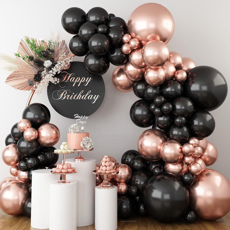 Rose Gold And Black Balloon Arch Kit, Metallic Rose Gold And Black Bal