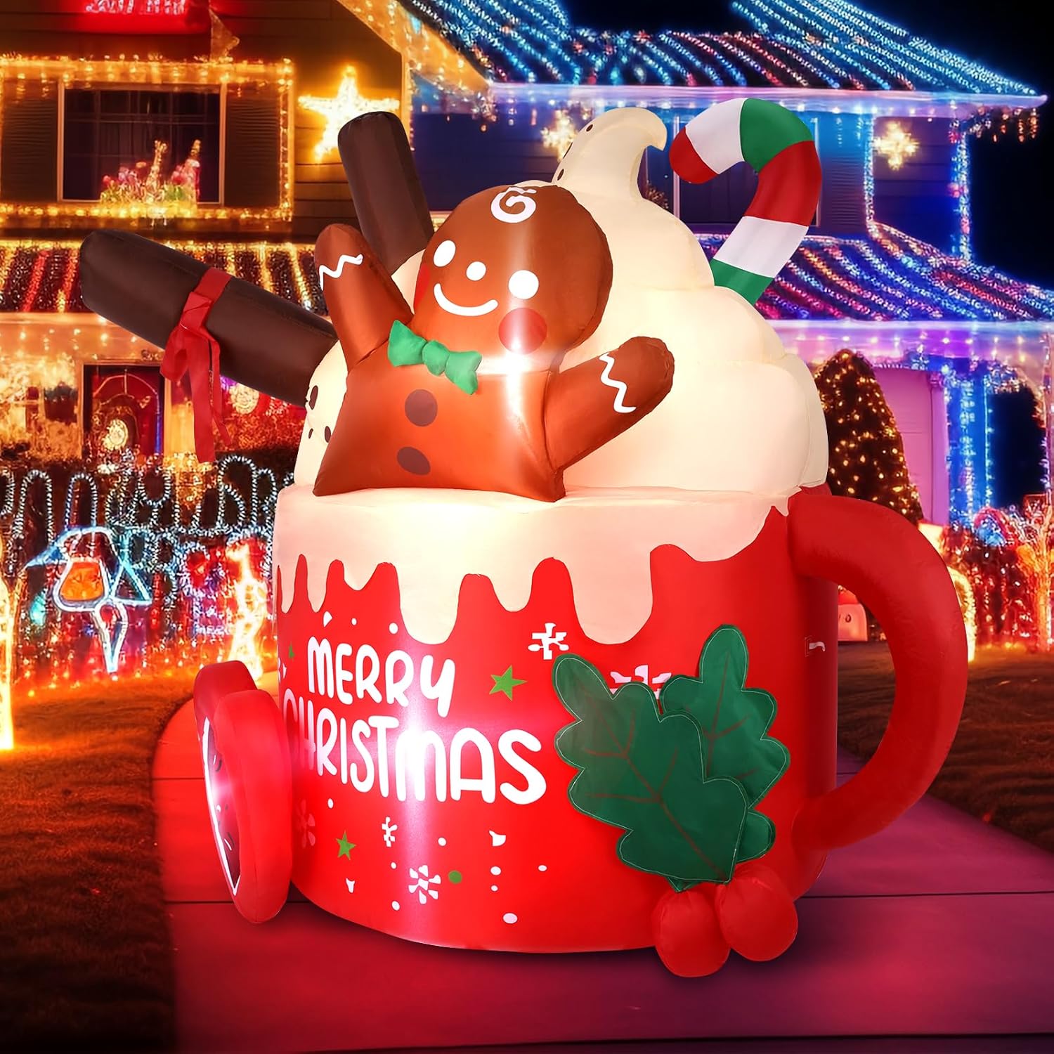 6.5 Ft Christmas Inflatables Outdoor Decorations, Gingerbread Christmas Inflatable Hot Cocoa Mug With Built-In Leds Blow