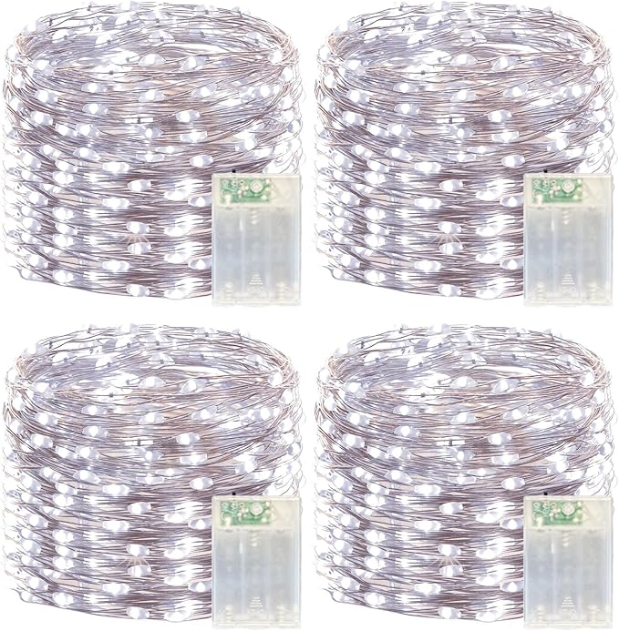 4 Pack Battery Operated Fairy Lights 20FT 240 LED Cool White Twinkle String Lights Waterproof Indoor Outdoor Christmas Bedroom Dorm Classroom DIY Decor