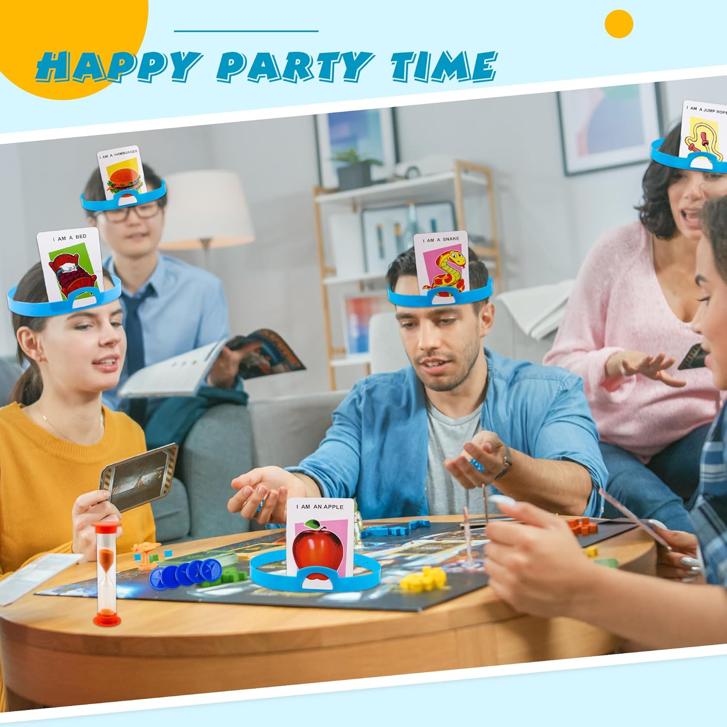 4 Set Headband Game Guessing Who Am I Game The Quick Question Game Set Include Headbands, Picture Cards, Scoring Coins, Sand Clock For Family Party