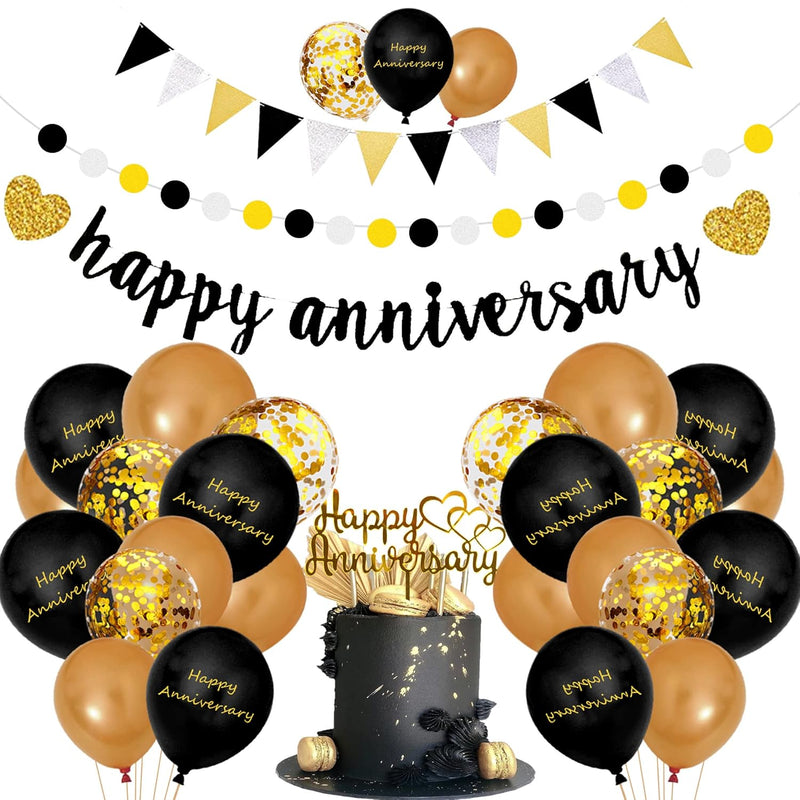 Happy Anniversary Decorations, Glitter Gold Black Happy Wedding Annive