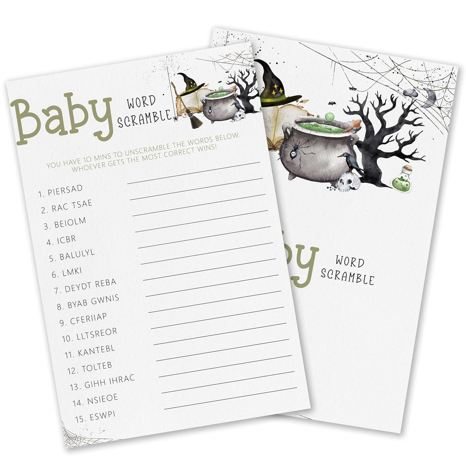 Halloween Baby Shower Games, 25 Pcs Baby Word Scramble Cards For Guests, Witch Hat Gender Reveal Decorations For Party Favors - B07