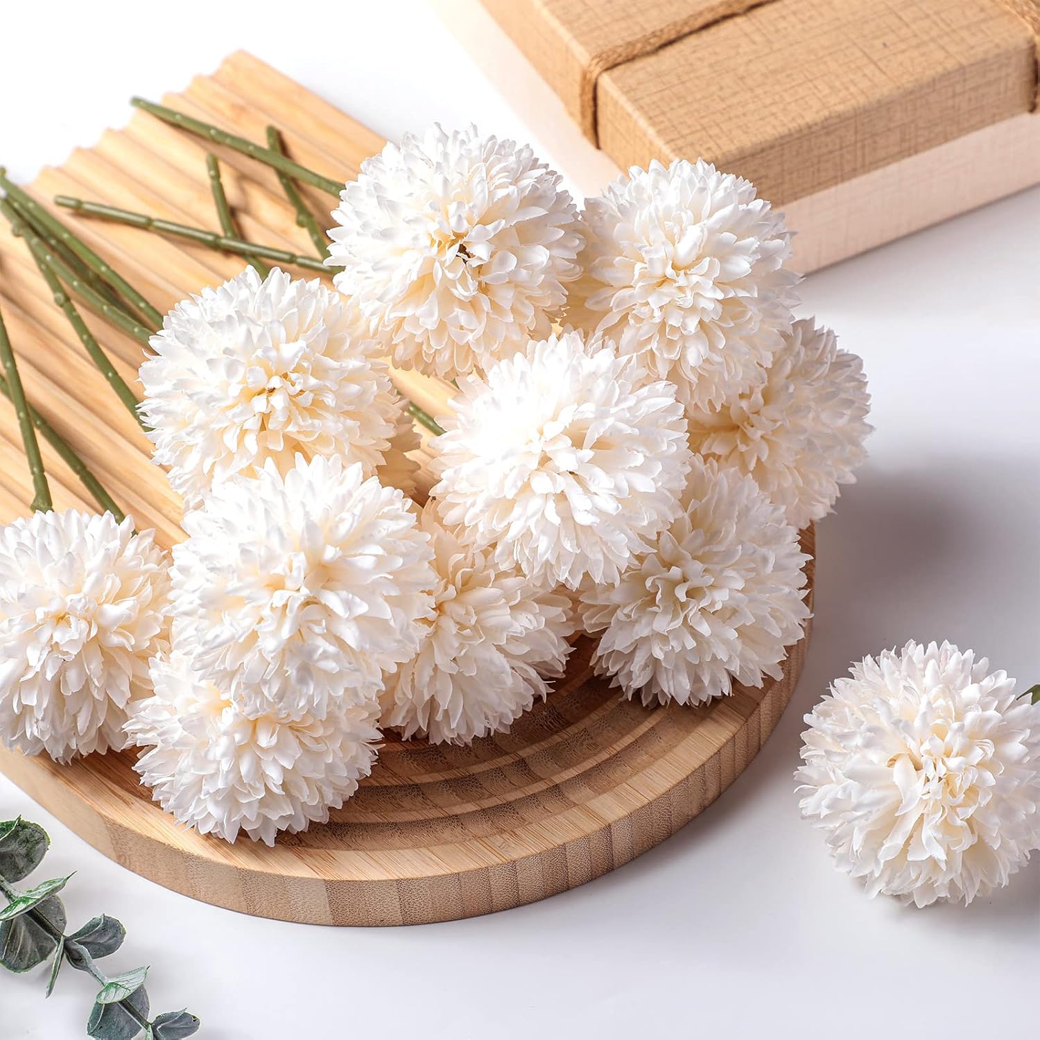 24 Pcs Chrysanthemum Flowers Artificial Ball Flowers Bouquet Long Stem Floral Chrysanthemum Faux Hydrangea Boho Floral Tables Centerpieces For Home Kitchen Wedding Party Decorations(White)