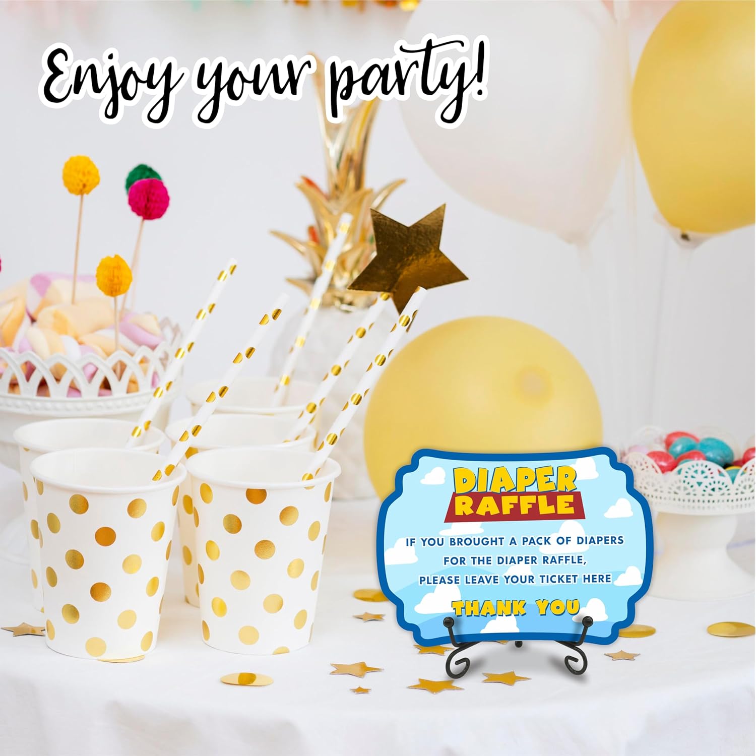 Diaper Party Game Set - Sky & Clouds - 50 Pcs Diaper Raffle Tickets, 1 Wooden Sign & 1 Iron Stand, Gender Neutral Baby Shower Game Kit For Newborn, Party Favor & Supplies - A05