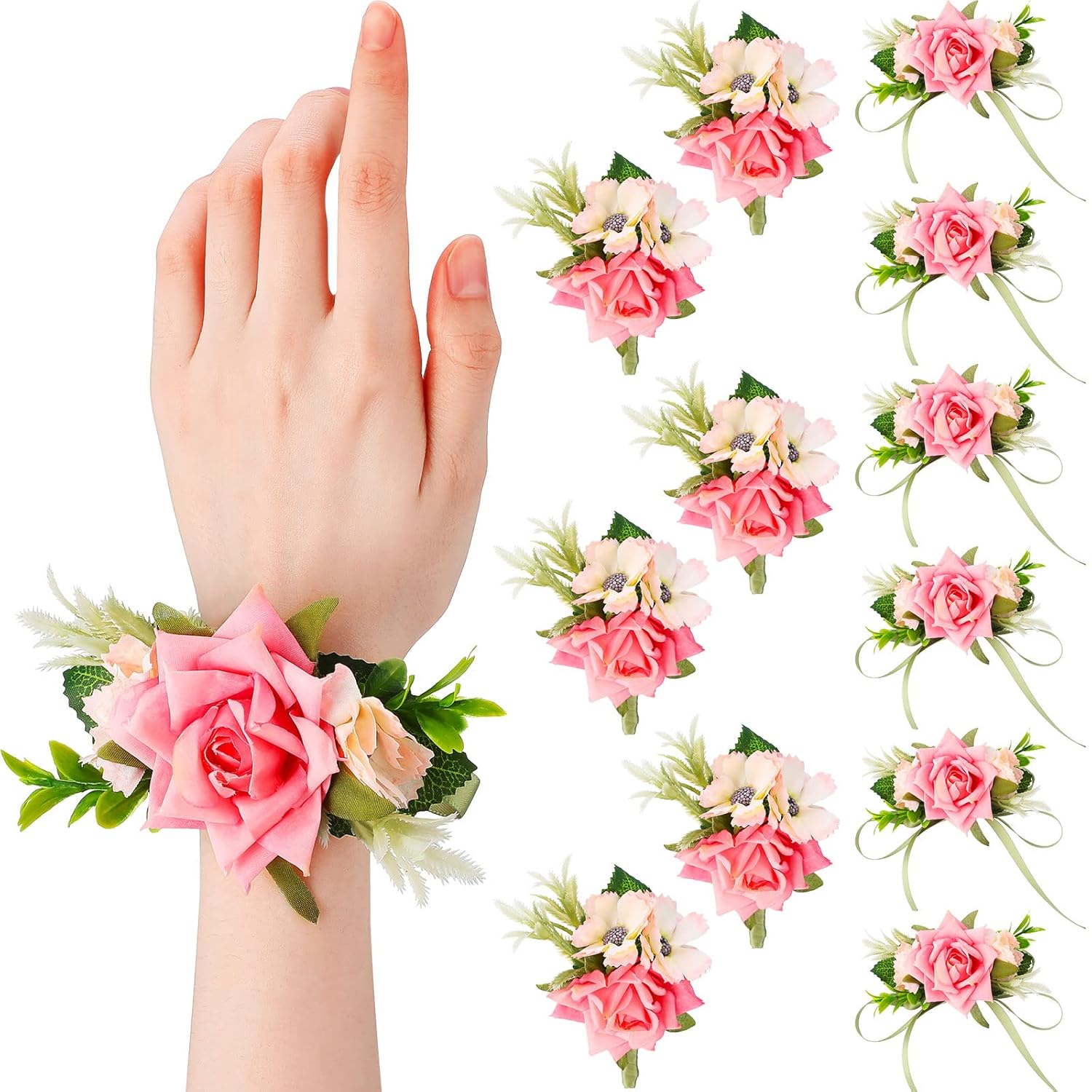 24 Pcs Pink Rose Flower Wrist Corsage And Boutonniere Set Artificial Corsage Flower Bride For Wedding Formal Dinner Party Prom Decorations Accessories
